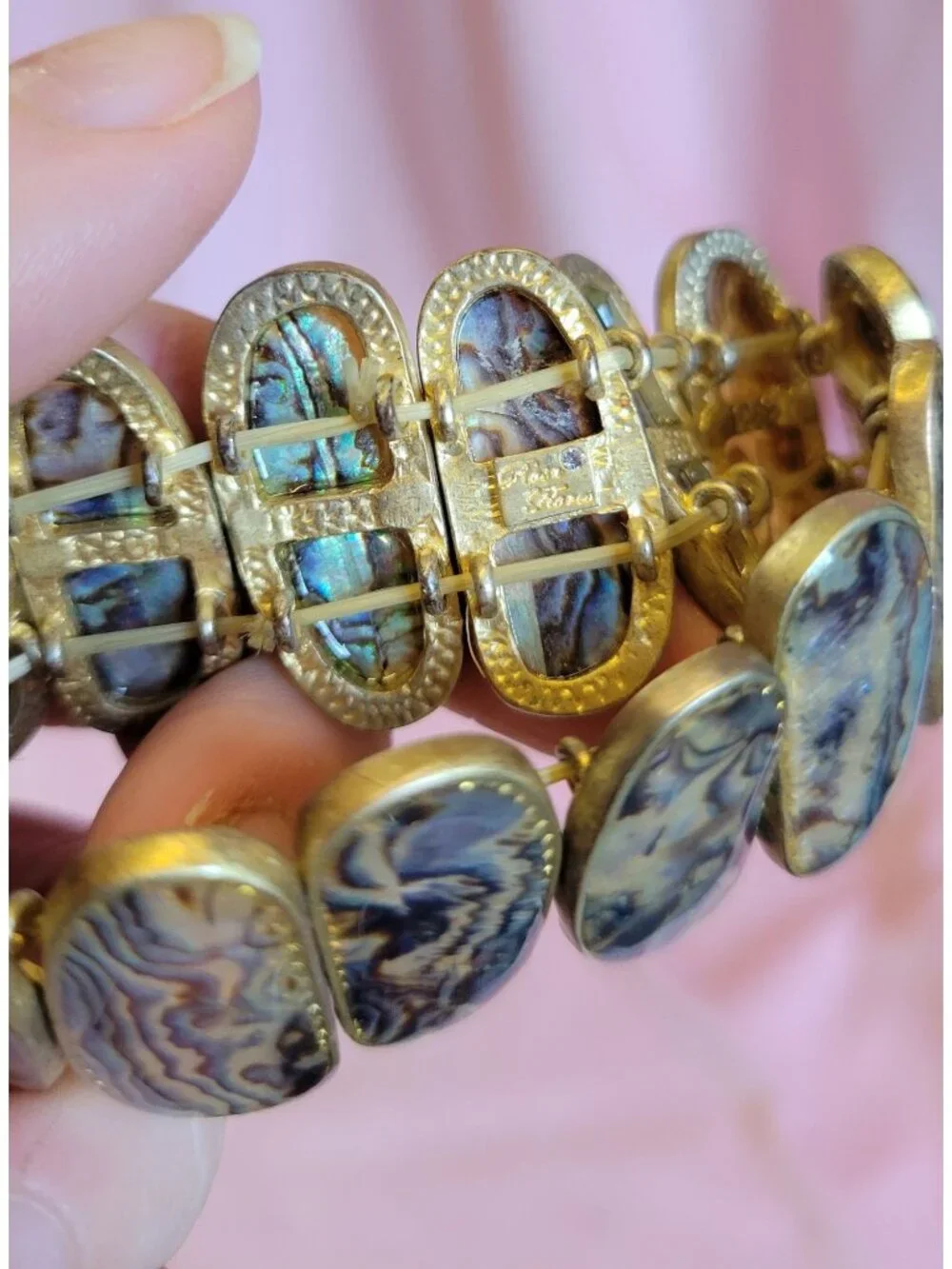 Signed Rosa Flores Gold Tone Blue Abalone Shell Stretchy Statement Bracelet B1A